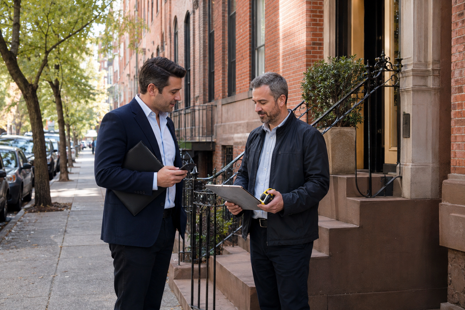 Licensed male showing agent meeting a property appraiser outside a Brooklyn property