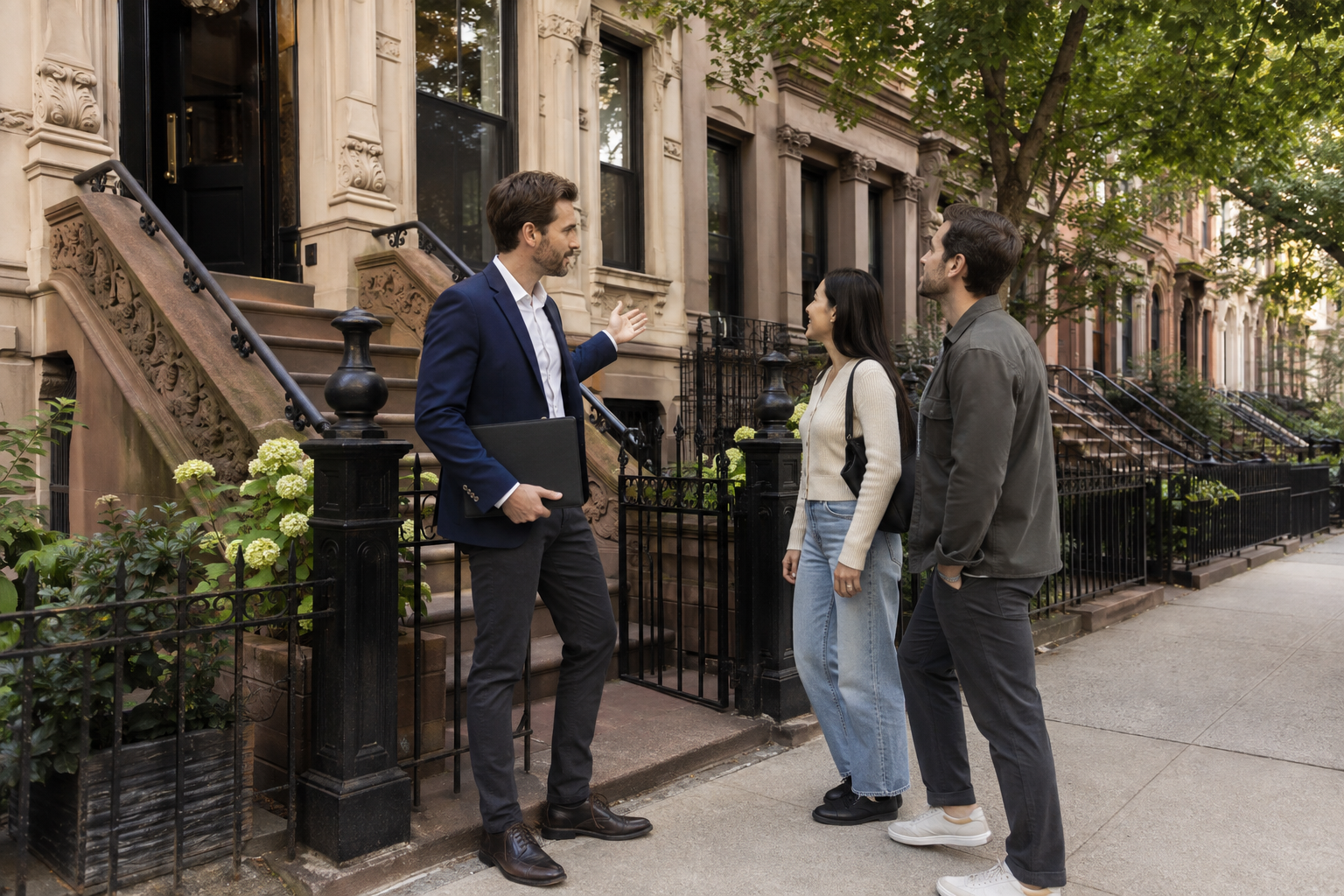 Licensed male showing agent meeting real estate clients outside a Brooklyn townhouse