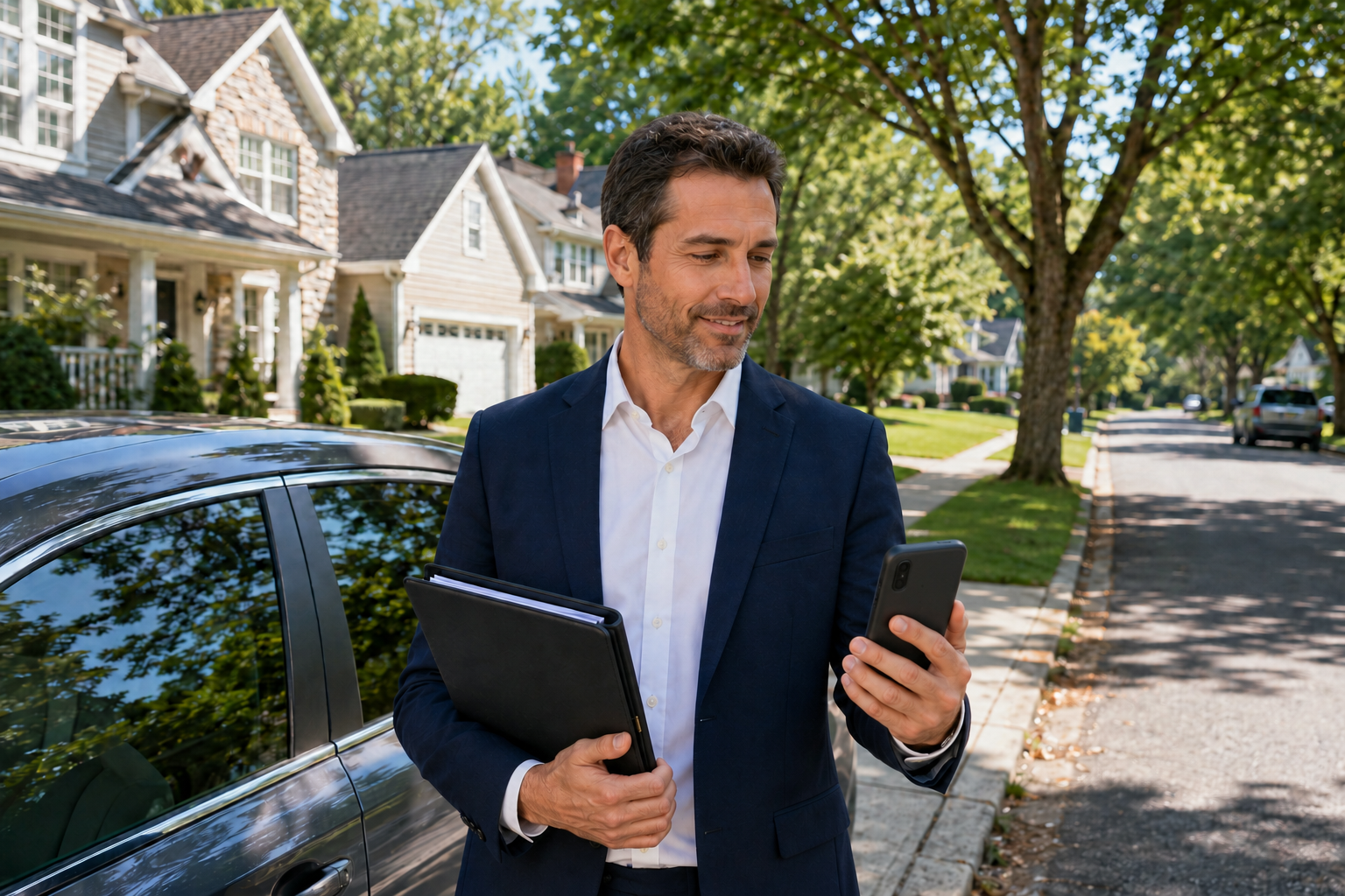 Male Nassau County real estate agent planning multiple property showings and travel
