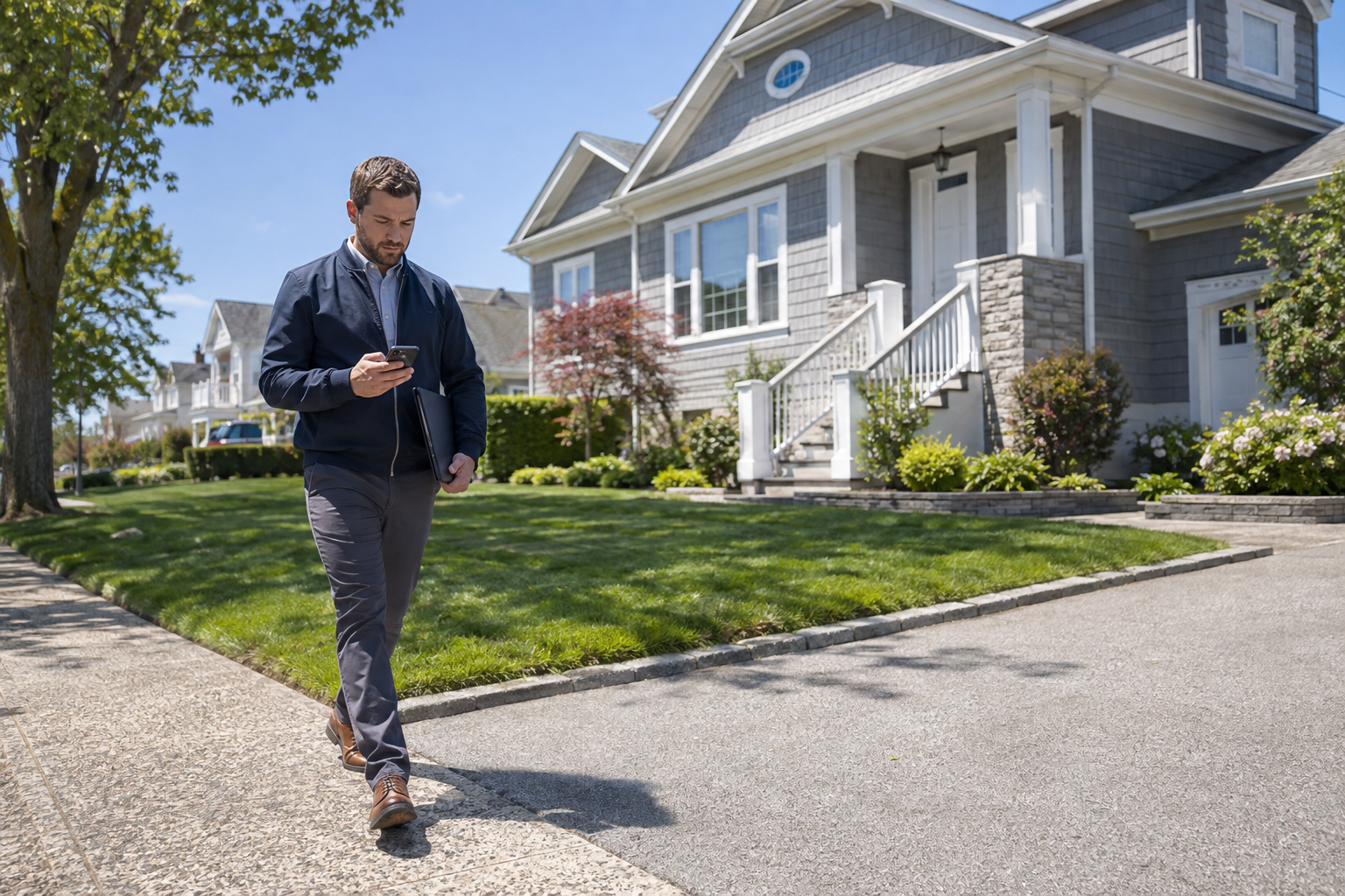 Licensed male showing agent arriving for a scheduled property appointment in Nassau County