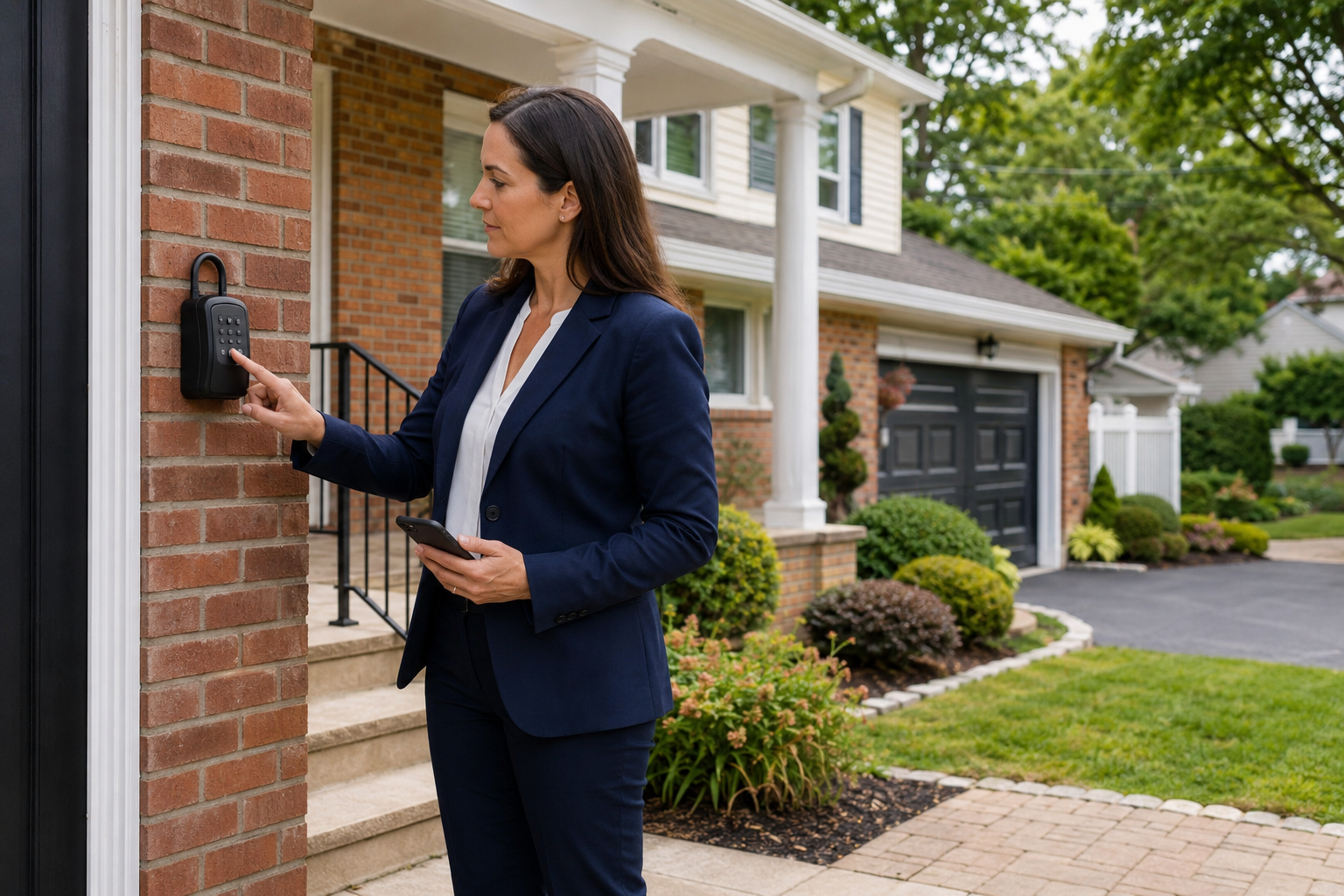 Licensed female showing agent using an authorized property lockbox at a Nassau County home