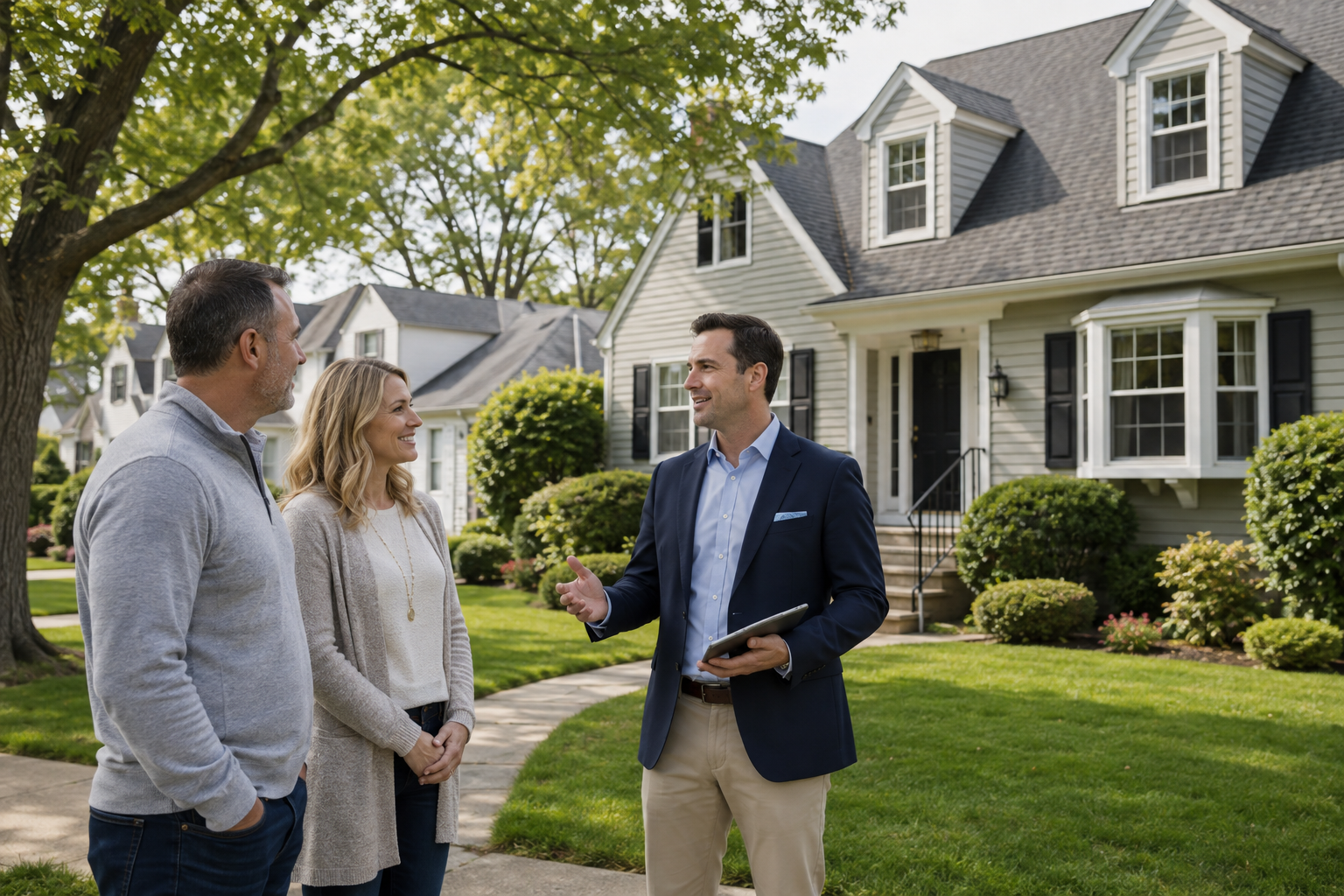 Licensed male showing agent meeting real estate clients outside a Nassau County home