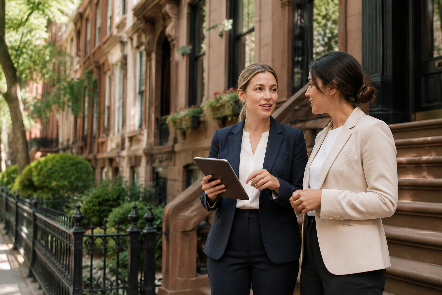 Two New York real estate agents coordinating property showing appointments outside Brooklyn brownstones