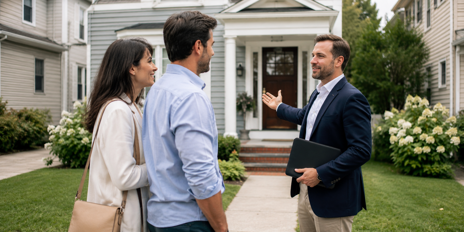 Professional showing agent meeting clients outside a New York home