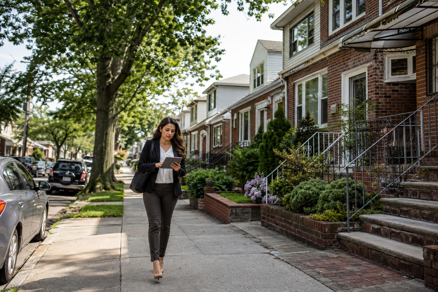 Licensed showing agent arriving for a scheduled appointment in a Queens neighborhood