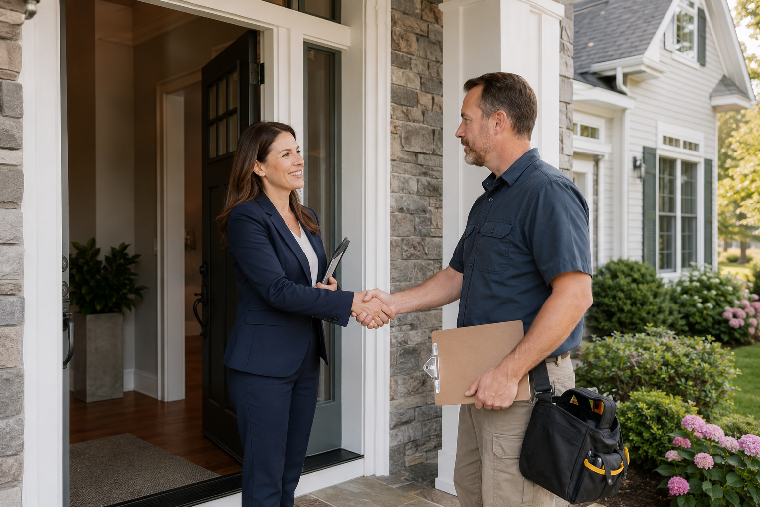 Licensed real estate professional meeting a home inspector outside a New York property