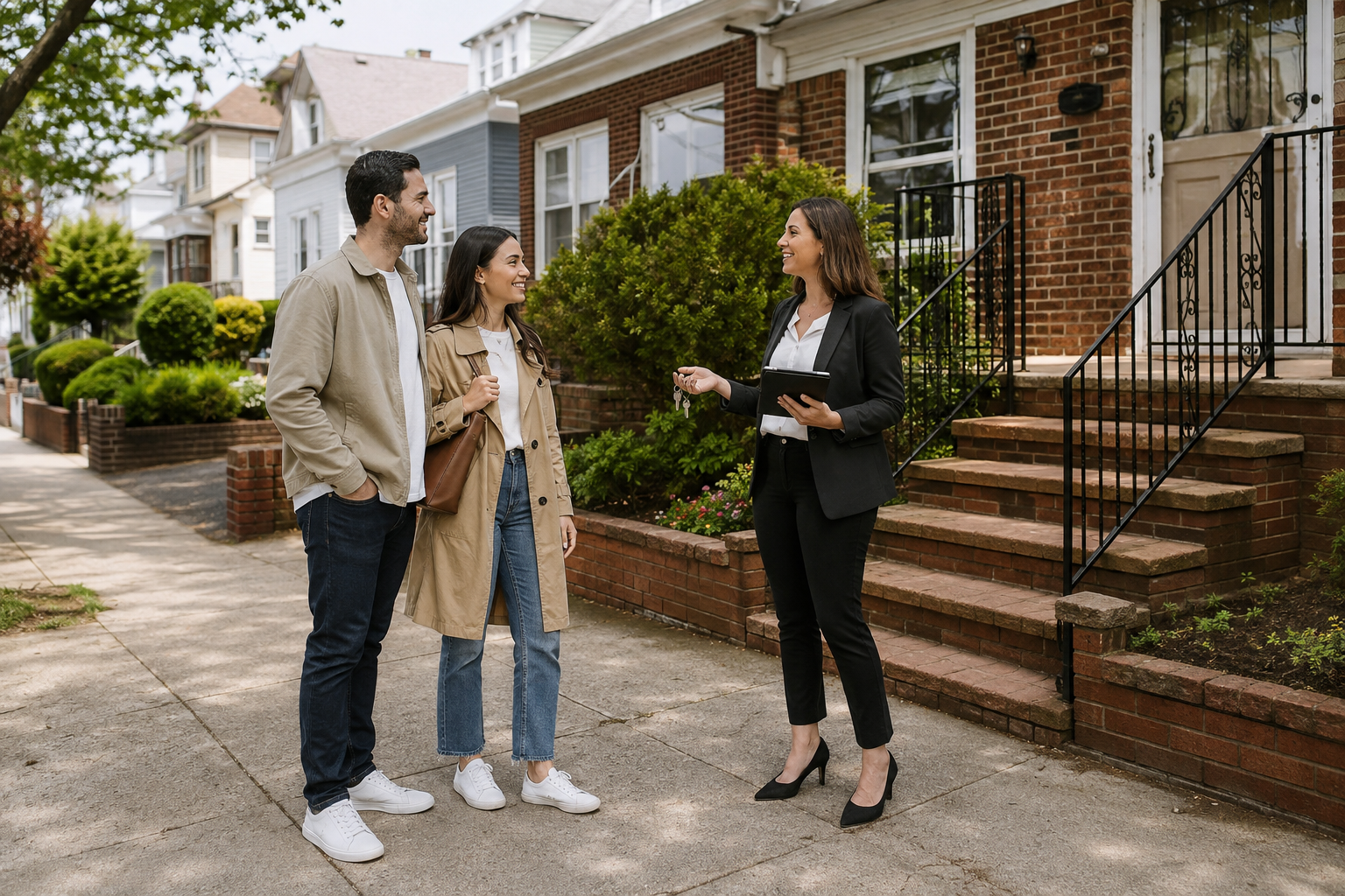 Licensed showing agent meeting real estate clients outside a home in Queens New York