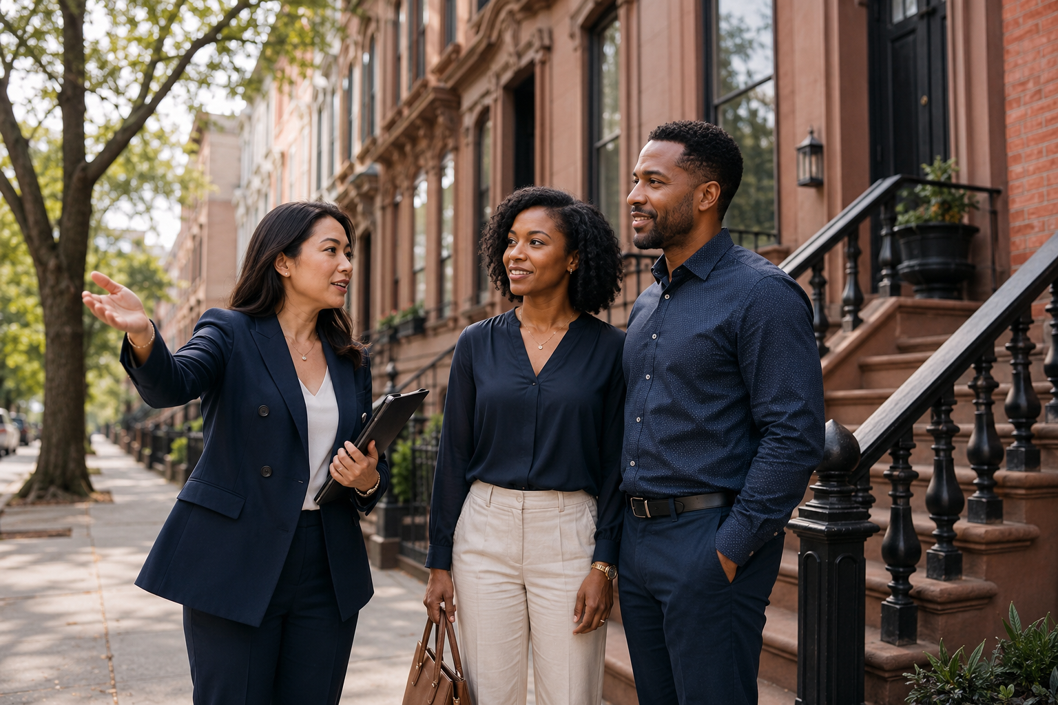 Licensed showing agent assisting real estate clients outside a Brooklyn brownstone