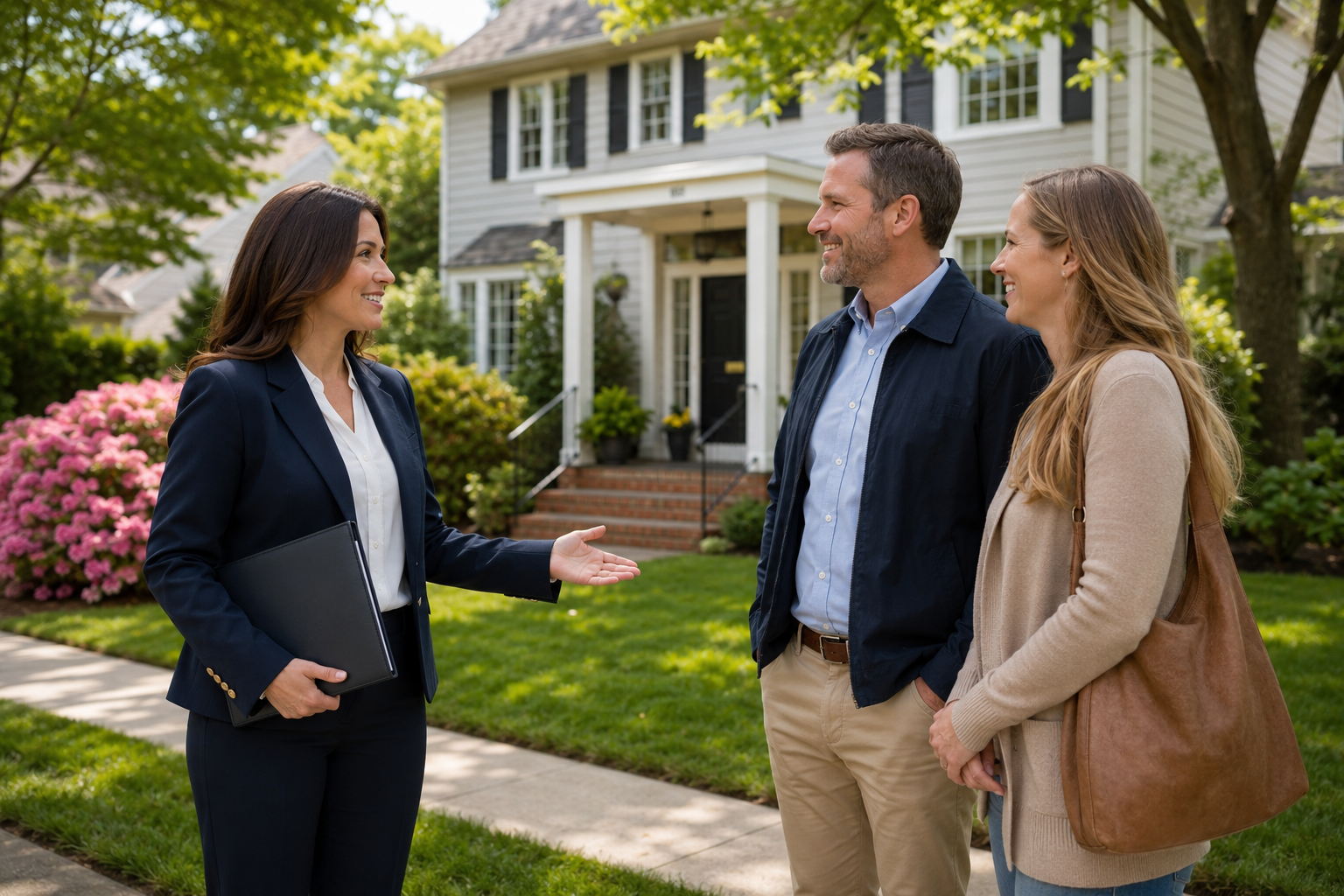 Licensed showing agent assisting real estate clients outside a Nassau County home