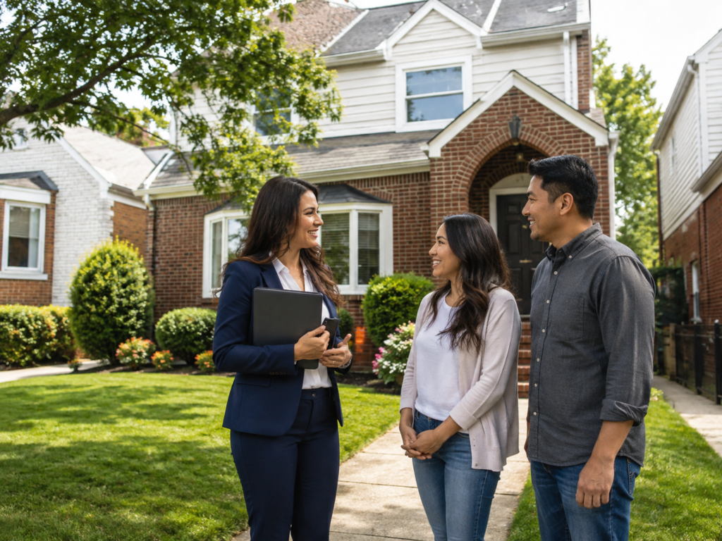 Licensed showing agent assisting real estate clients outside a Queens New York home