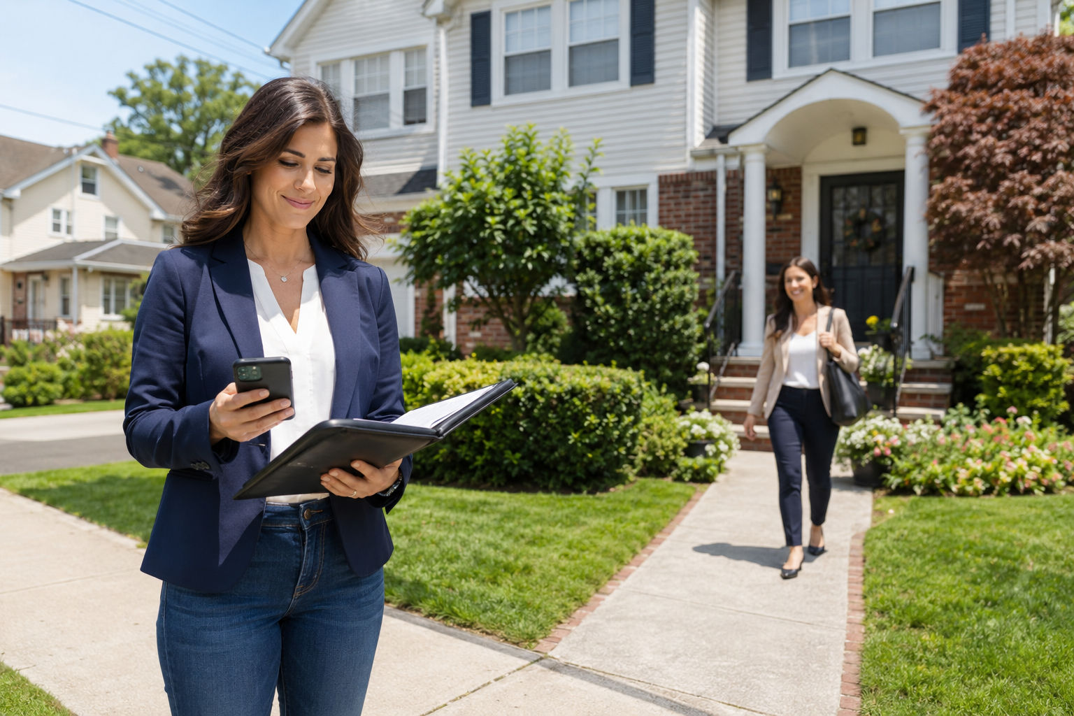 Real estate agent coordinating professional showing coverage at a New York home